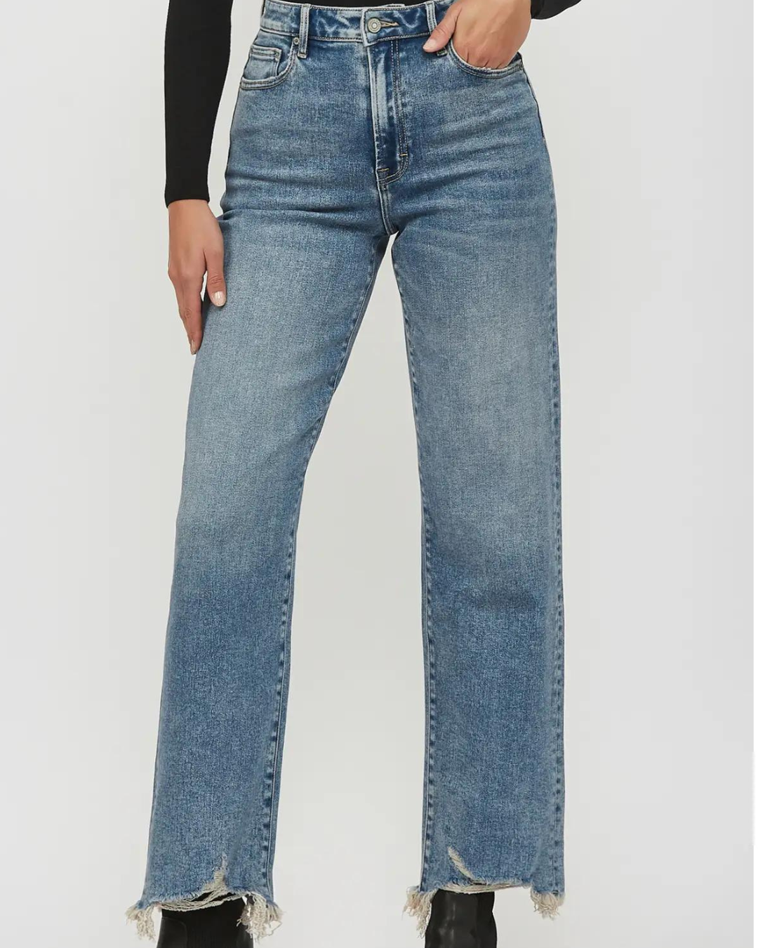 Hidden Medium Dark Frayed Hem 31" Inseam Wide Straight Jean