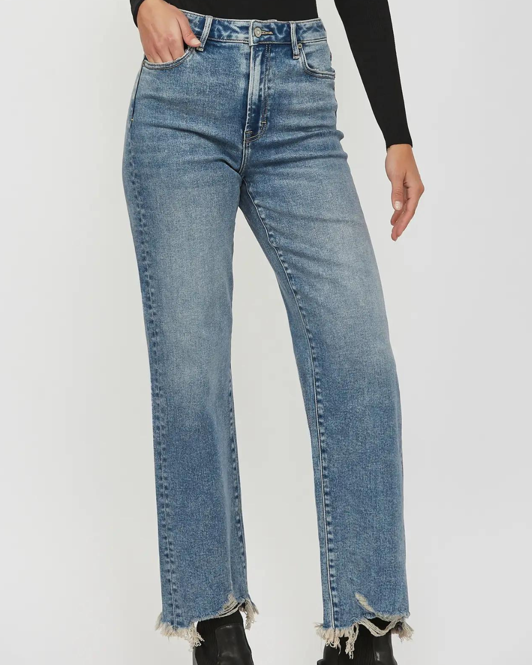 Hidden Medium Dark Frayed Hem 31" Inseam Wide Straight Jean