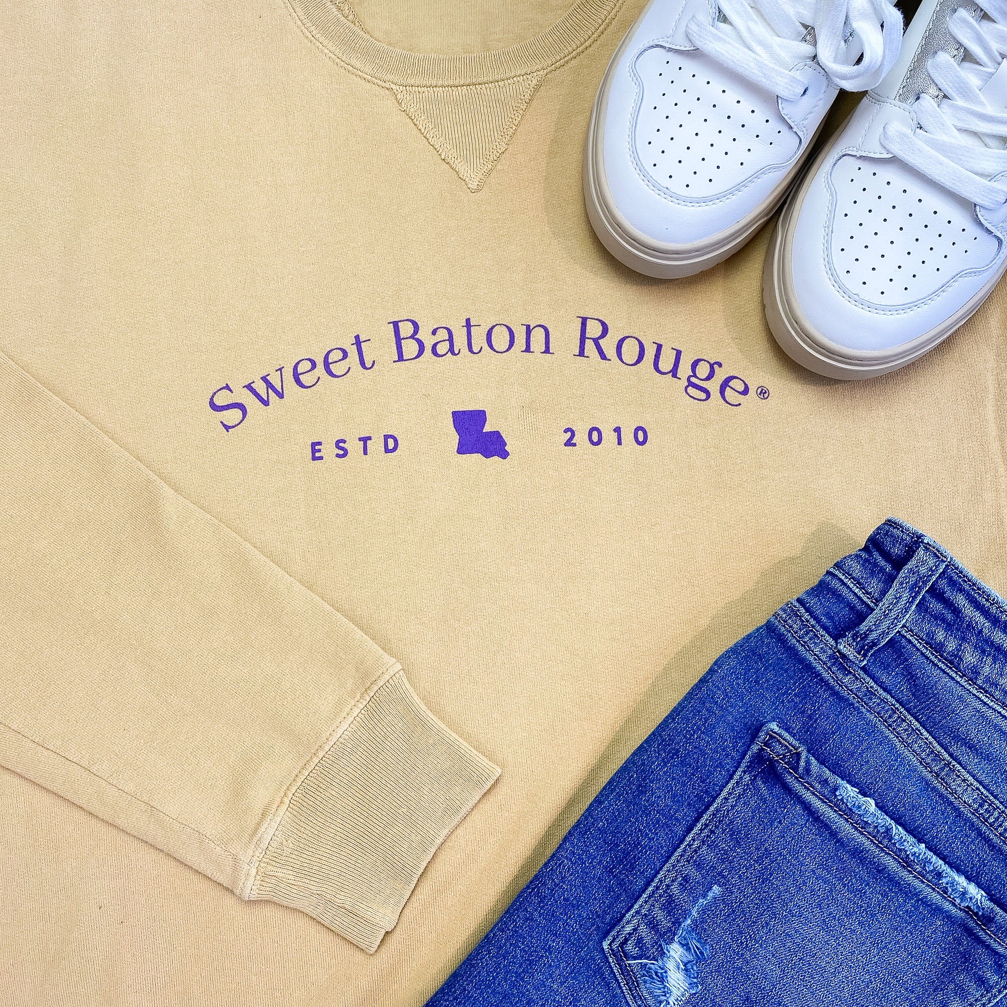 Sweet Baton Rouge, Baton Rouge Sweatshirt, Sweet Baton Rouge sweatshirt, Louisiana Apparel, New Orleans, Lafayette, Louisiana, Local Sweatshirts, Local Sweatshirts Near Me, Travel sweatshirt, mustard sweatshirt, sweet baton rouge travels sweatshirt