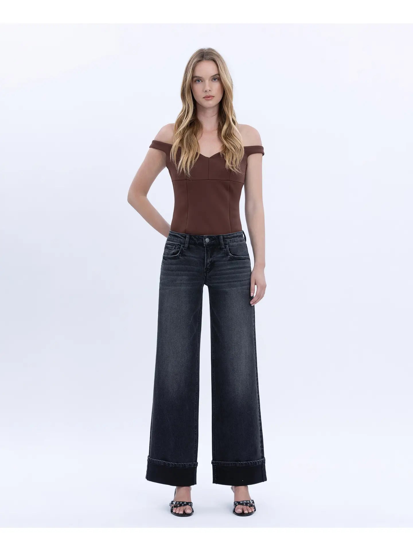 VERVET Black Low Rise Cuffed Baggy Wide Jeans