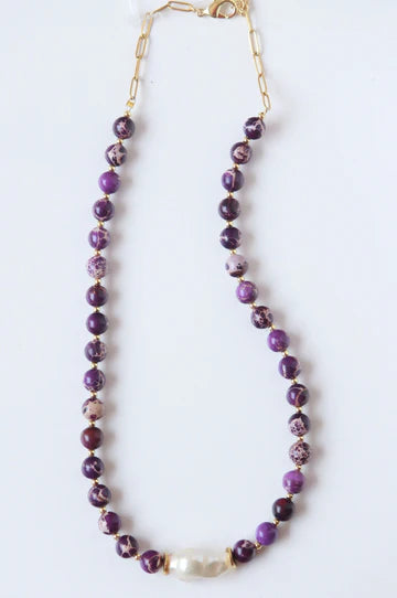Purple Natural Gemstone and Pearl Necklace