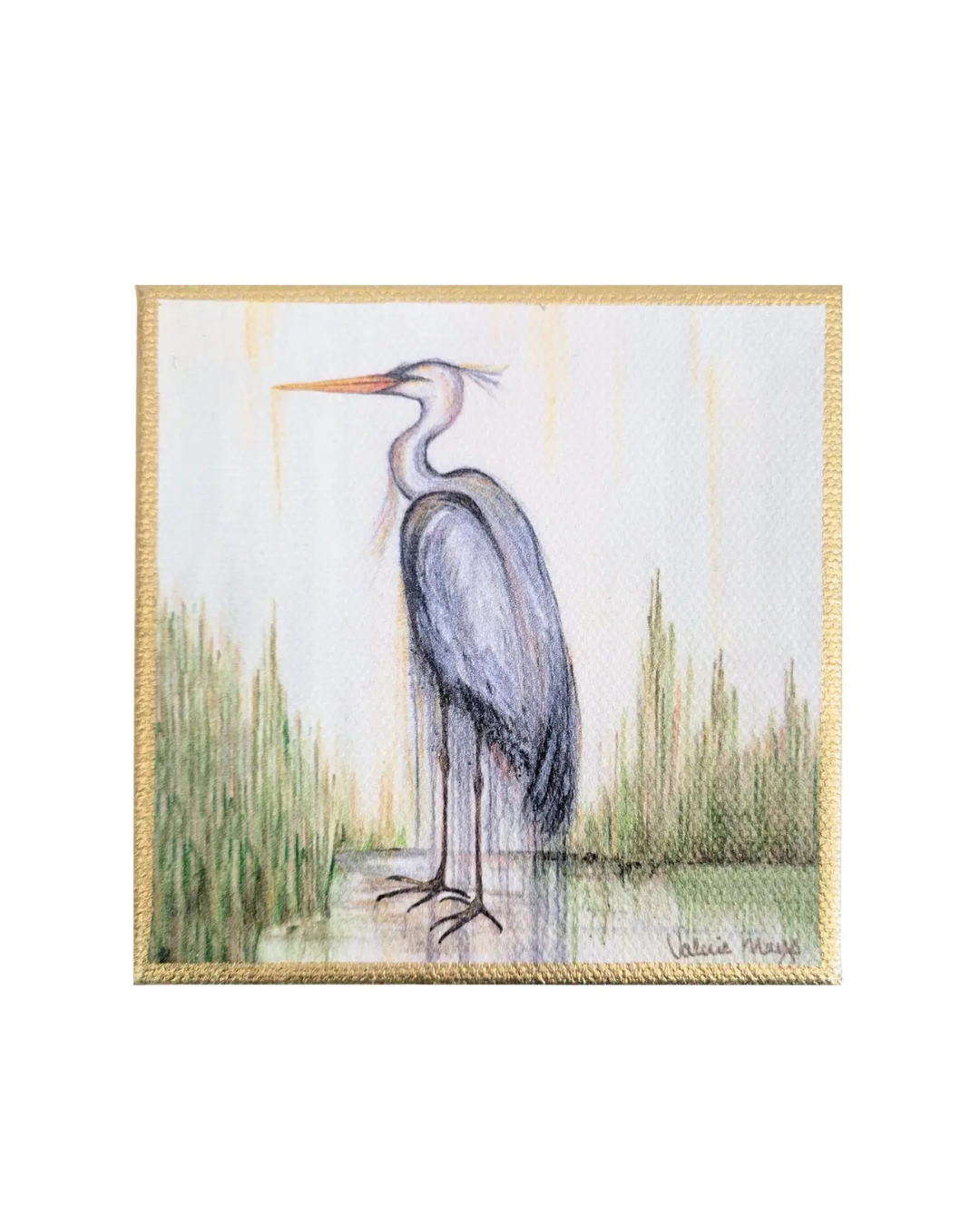 Artwork, Art, Canvas, Wall Art, Small Decor, Artist, Louisiana, Gold, Heron, Bird, Wildlife, Wetlands, Marsh, Coastal, Southern, Bookshelf