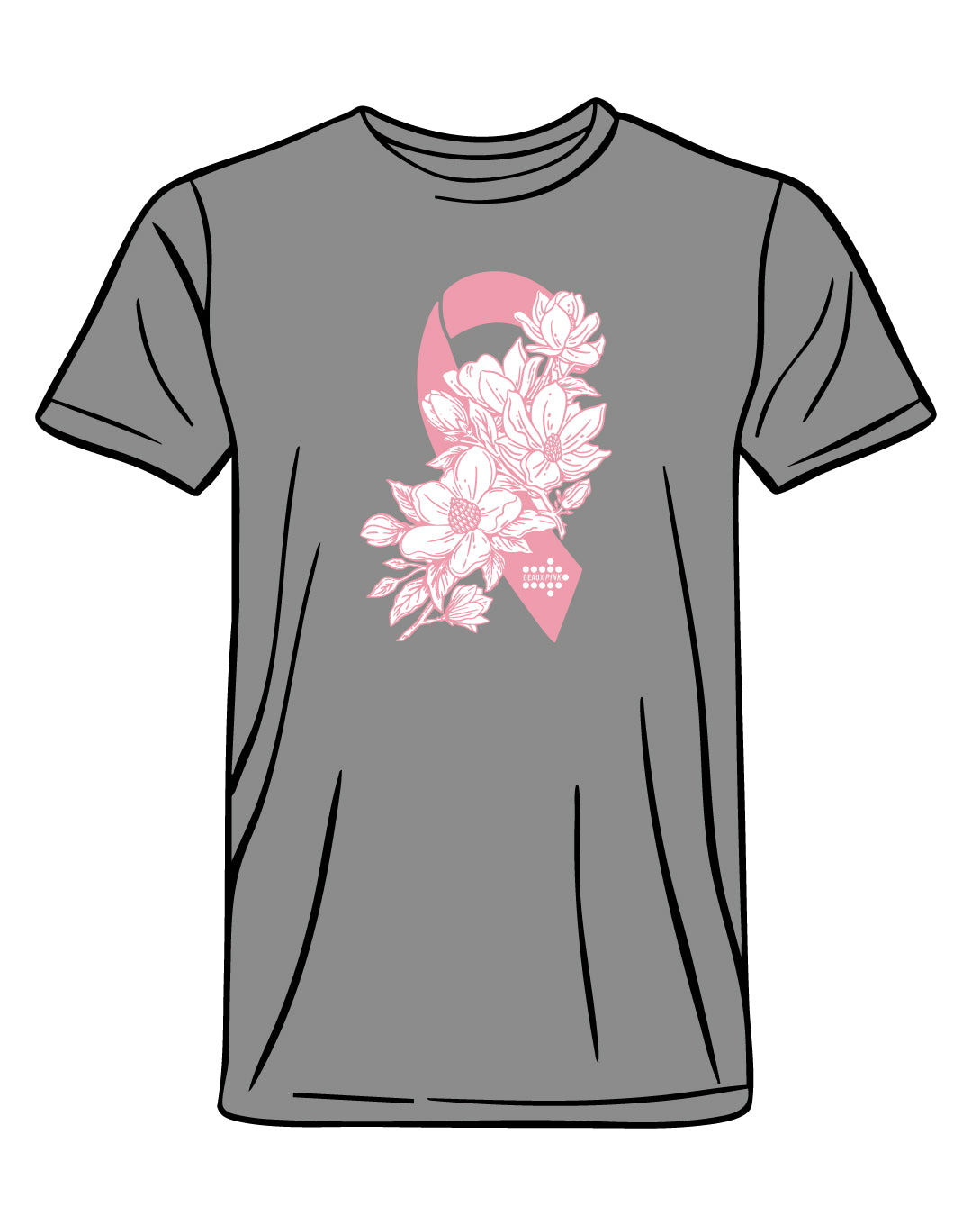 Gray t-shirt with a pink breast cancer awareness ribbon and magnolia design on a white background