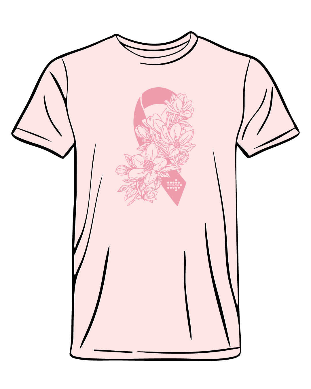 Pink t-shirt with a magnolia pink ribbon design on a white background