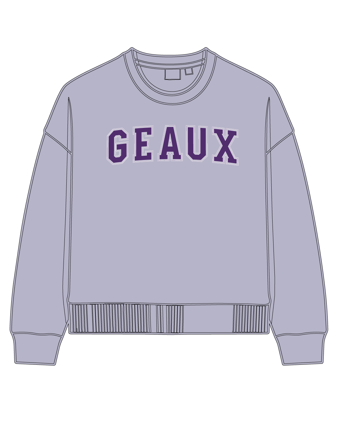 Geaux Block Cropped Sweatshirt in lavender with purple varsity GEAUX lettering by Sweet Baton Rouge