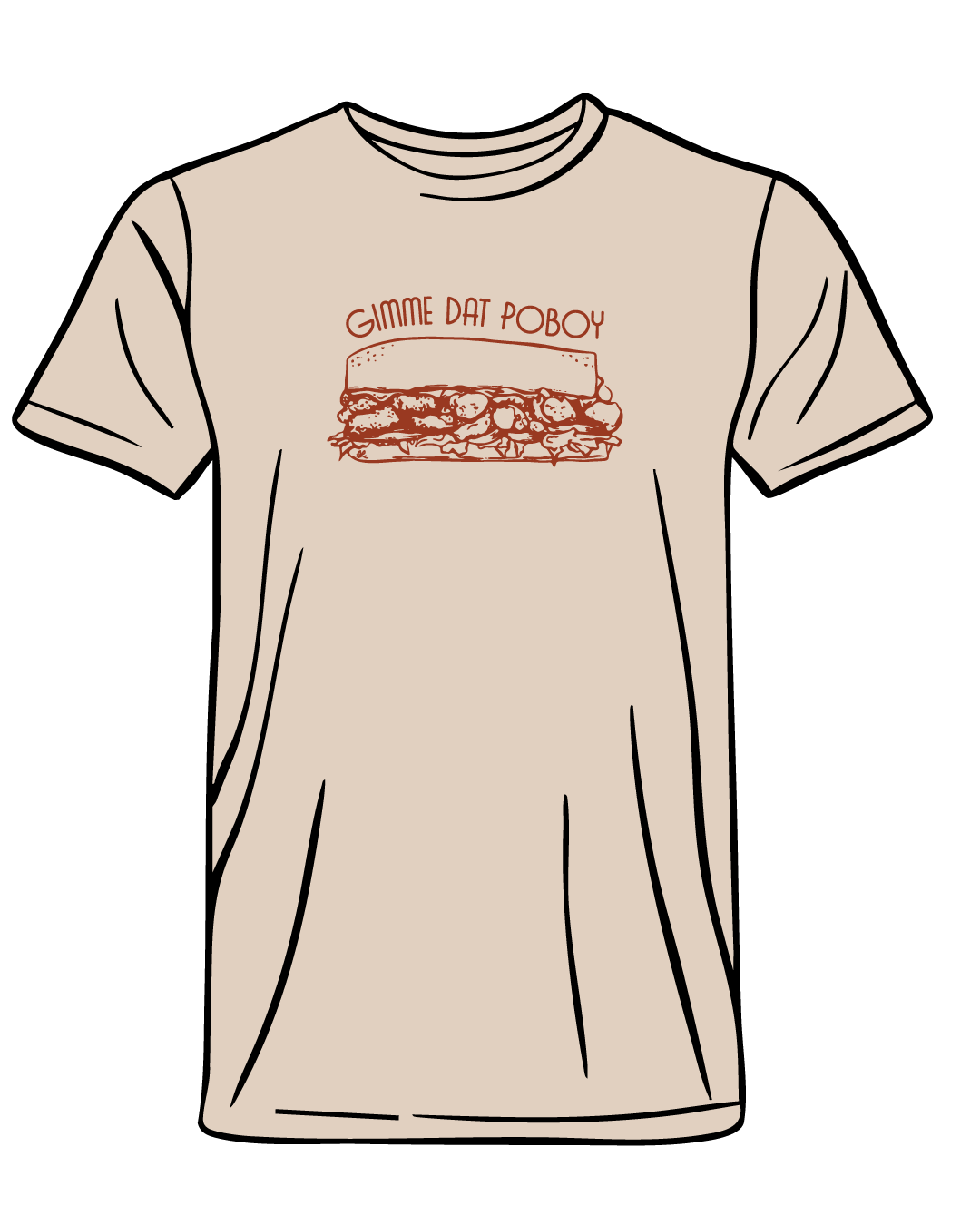 Gimme Dat Poboy T-Shirt in tan with a rust orange po'boy sandwich graphic by Sweet Baton Rouge
