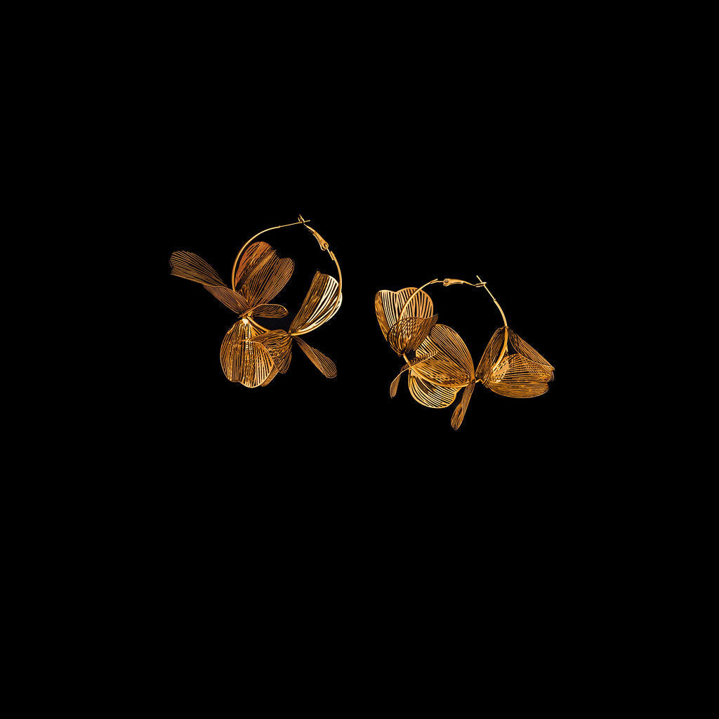Inez Earrings by Steward & James, gold floral hoop earrings with wire petals