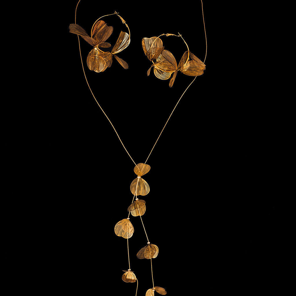 Inez Earrings flat lay, gold floral hoop earrings by Steward & James