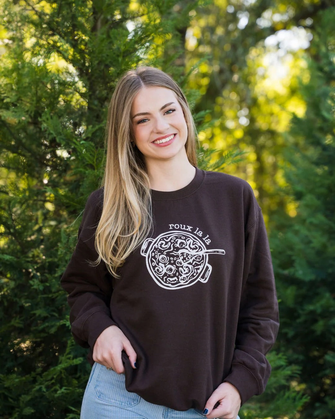 Roux La La Sweatshirt in Dark Chocolate styled with jeans outdoors