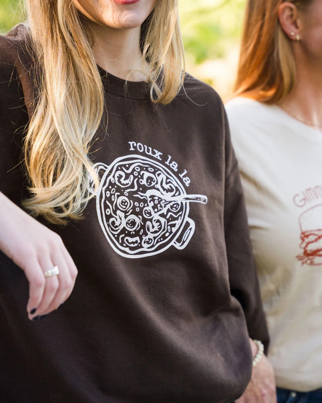 Roux La La Sweatshirt worn with a friend, Louisiana gumbo crewneck by Sweet Baton Rouge
