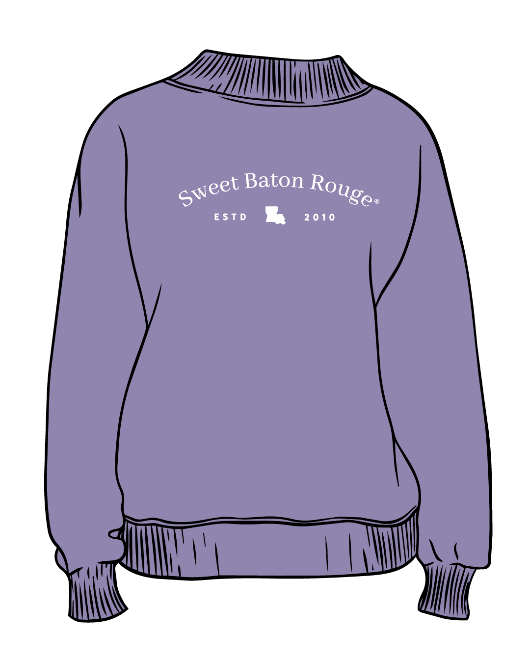 Sweet Baton Rouge Travels Oversized Mock Neck Sweatshirt in lavender with the ESTD 2010 Louisiana design