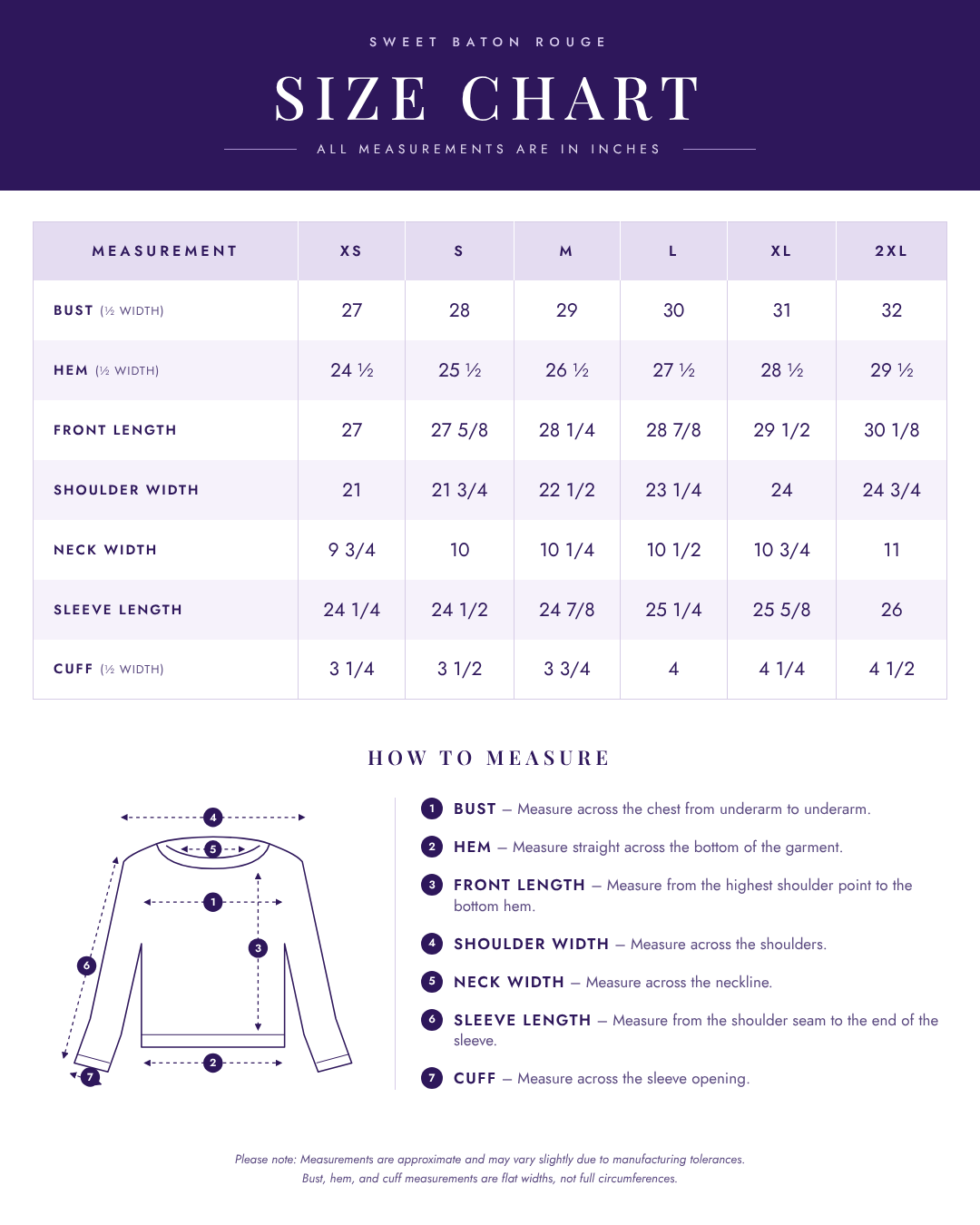 Size chart for the Sweet Baton Rouge Travels Oversized Mock Neck Sweatshirt, which runs very oversized