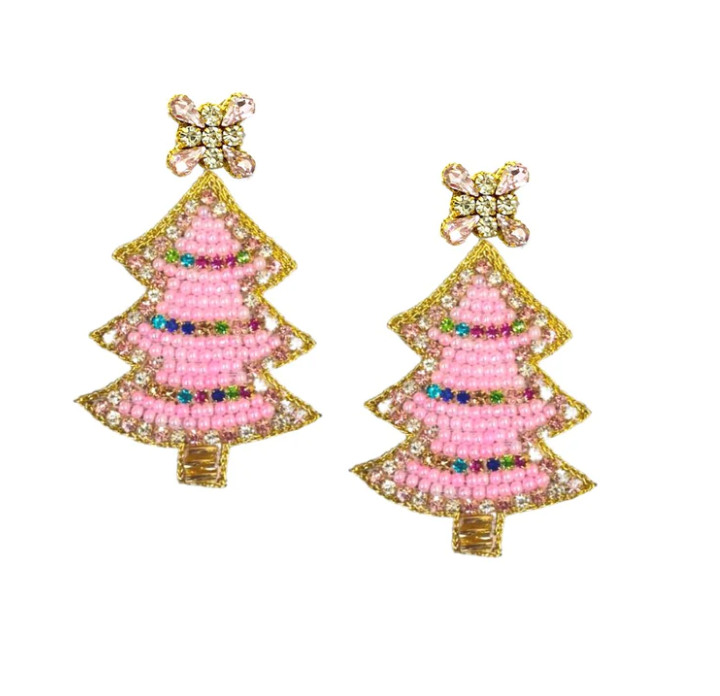 Pink Sparkle Christmas Tree Earrings